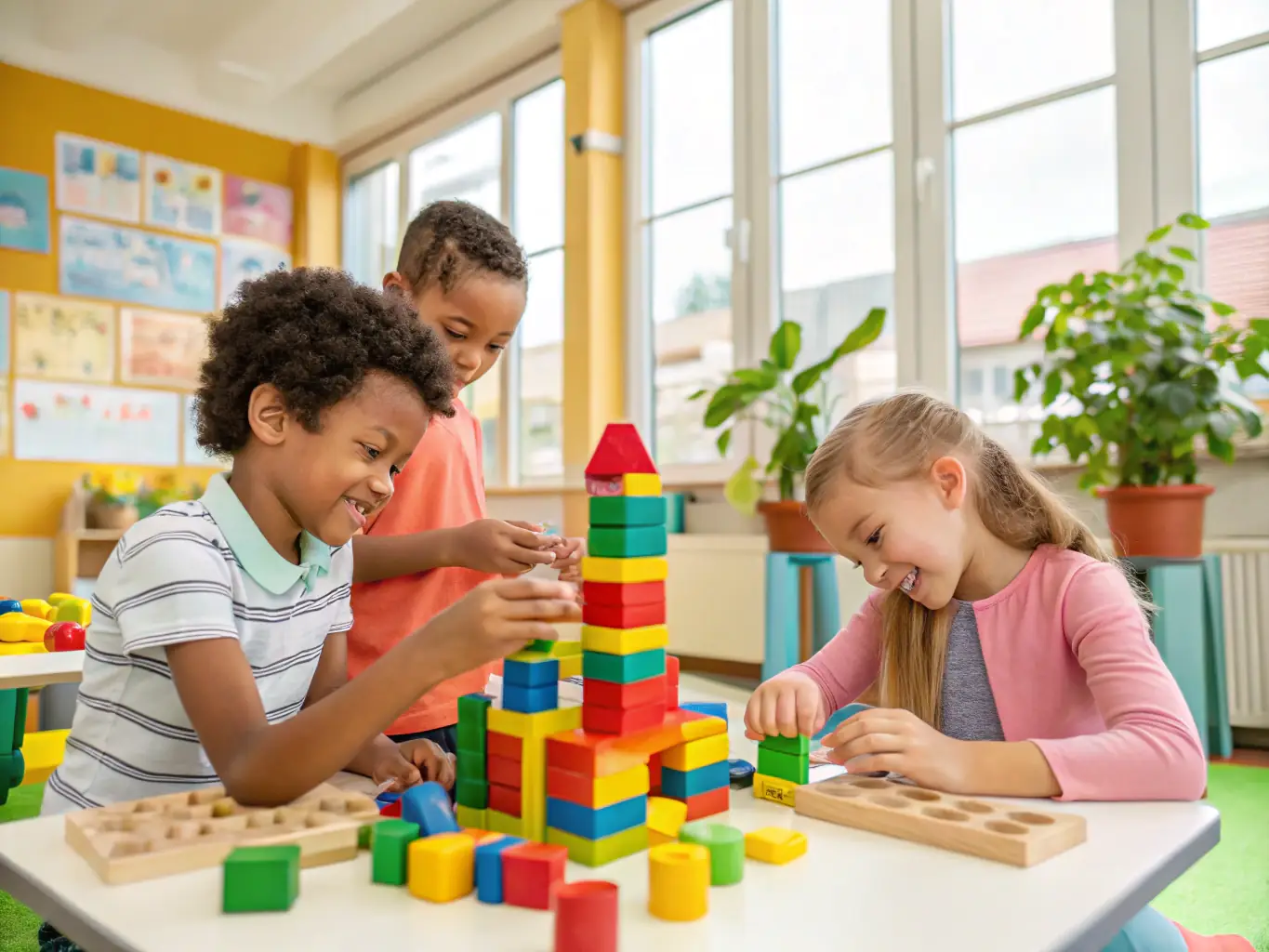 A group of children are playing with building blocks, showcasing teamwork and creativity in a classroom at The Promise Academy.