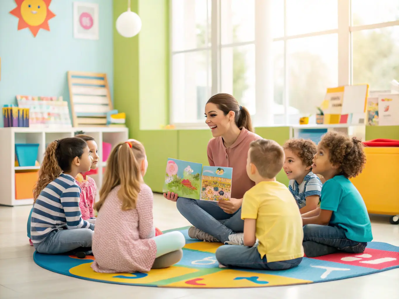 A group of preschool children sitting in a circle, listening attentively to a teacher reading a storybook with colorful illustrations in a classroom setting at The Promise Academy.