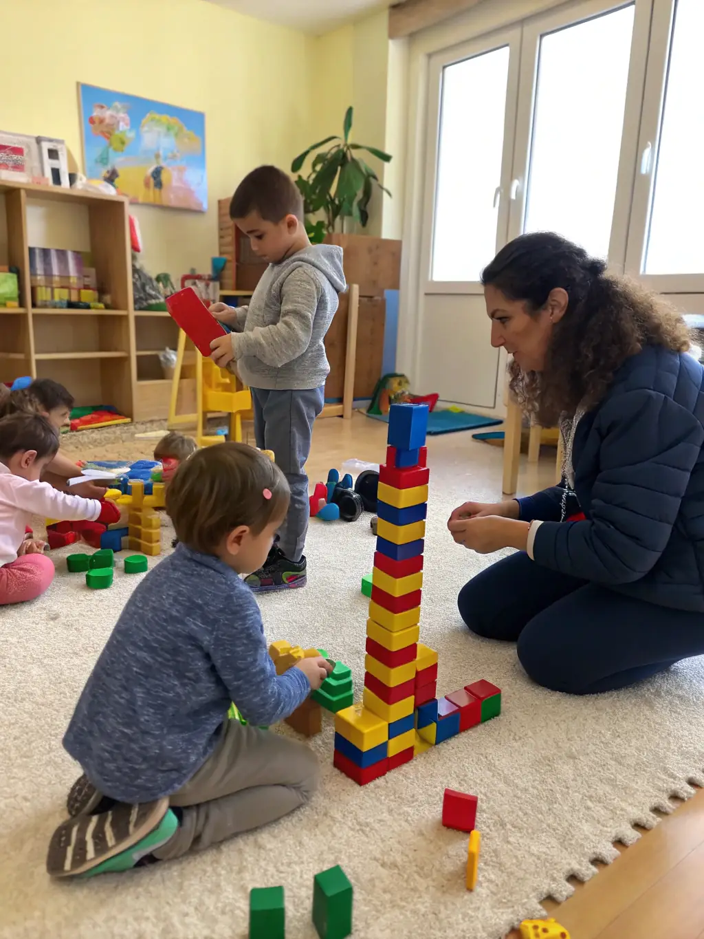 Children are playing with building blocks and engaging in problem-solving activities in a structured learning environment at The Promise Academy.