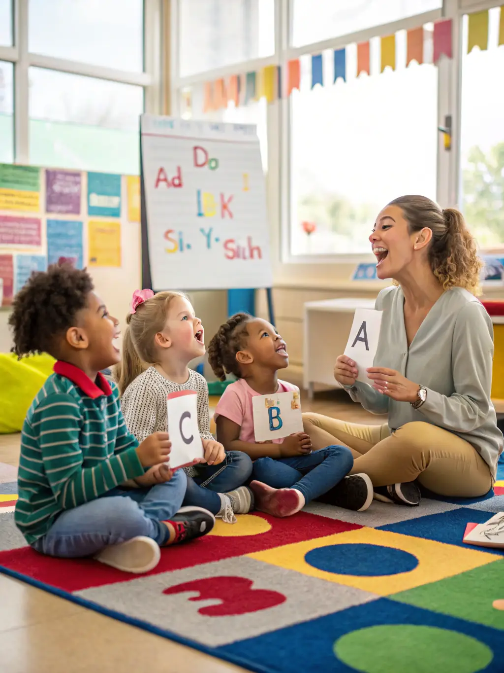 Children are participating in a circle time activity, singing songs and learning about Christian values at The Promise Academy, promoting spiritual growth and community.