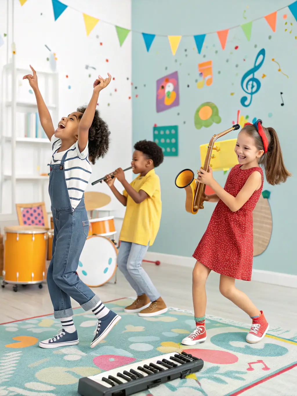 Children participating in a music and movement class, playing instruments and dancing with scarves, guided by a teacher at The Promise Academy.