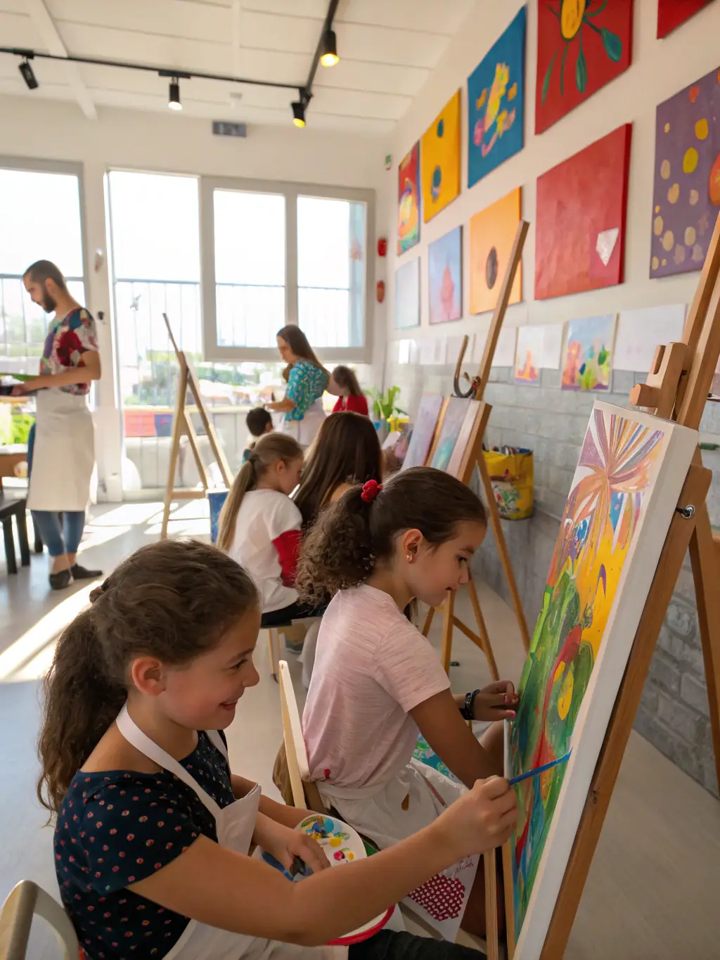 Children working on art projects, painting and drawing at easels, with their artwork displayed on the walls of a colorful art room at The Promise Academy.
