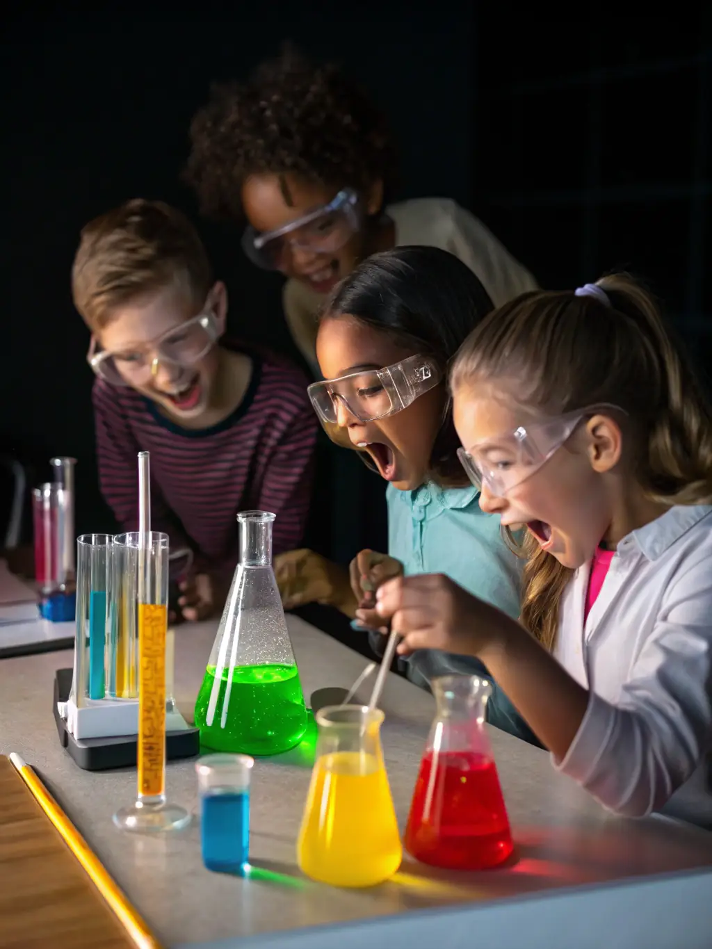 A group of preschool children engaged in a hands-on science experiment, mixing colorful liquids in beakers, with a teacher supervising and smiling in a bright classroom at The Promise Academy.